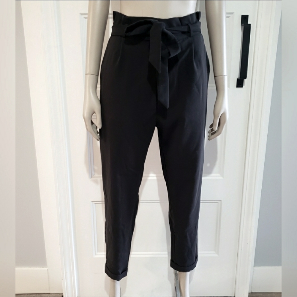 Pull & Bear Paperbag Ankle Trouser Womens S Black High Tie Elastic Waist